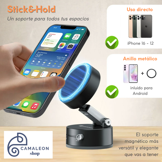 Stick&Hold – Soporte Magnético Reutilizable / Pega, despega y disfruta de manos libres todo el día